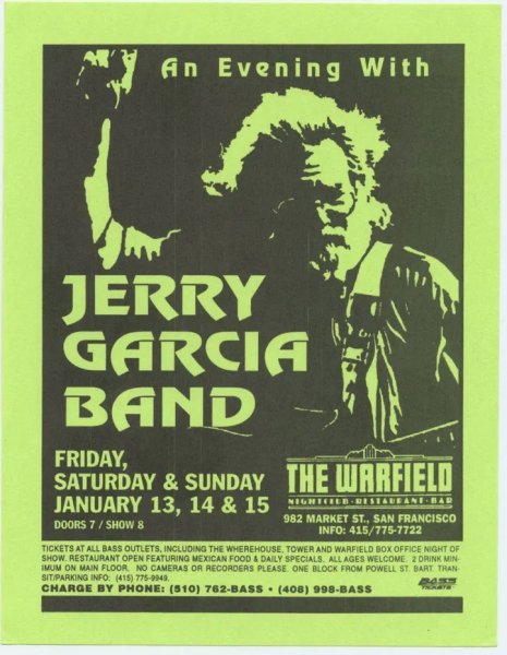 Photo1: Jerry Garcia Band Flyer 1995 February 10 The Warfield Theatre San Francisco mint (1)