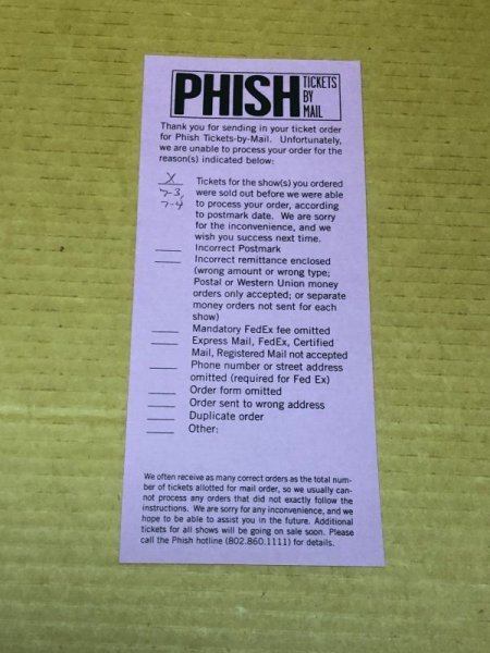 Photo1: Phish - Tickets By Mail 3.5" x 8.5" insert "tickets for the show's you ordered are sold out" (1)