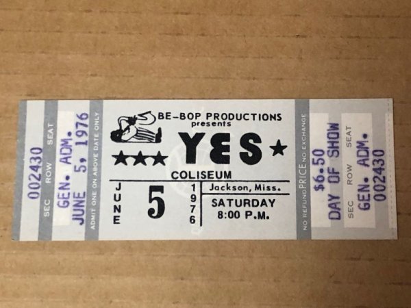 Photo1: YES - ORIGINAL FULL CONCERT TICKET June 5 1976, Jackson Miss - DAY OF SHOW (1)